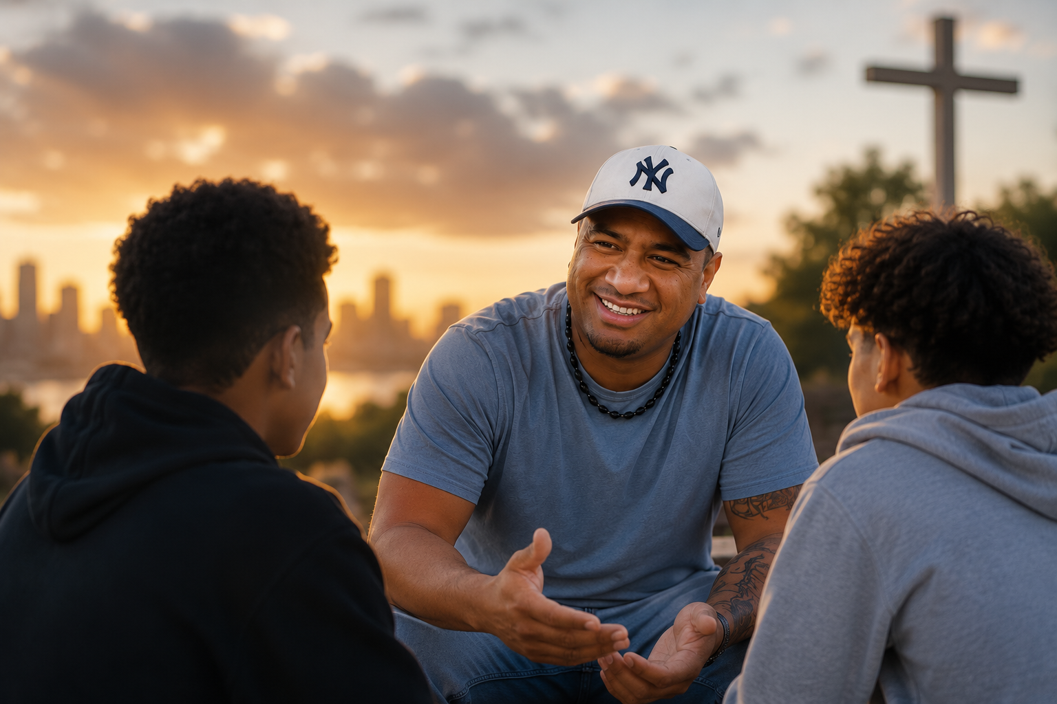 Youth minister speaking with two young people at sunrise